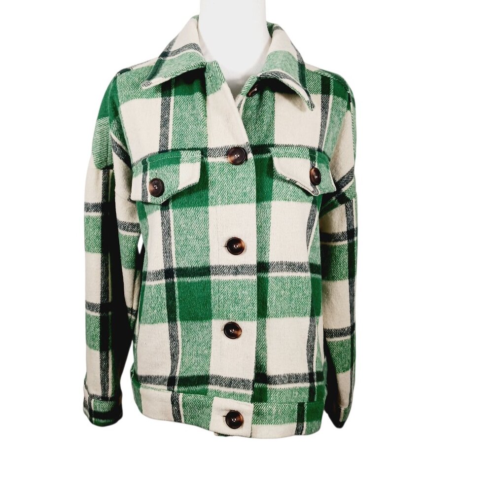 STACCATO Green & Cream Plaid Shacket, Relaxed Fit, Button Up, Jacket, Size Small